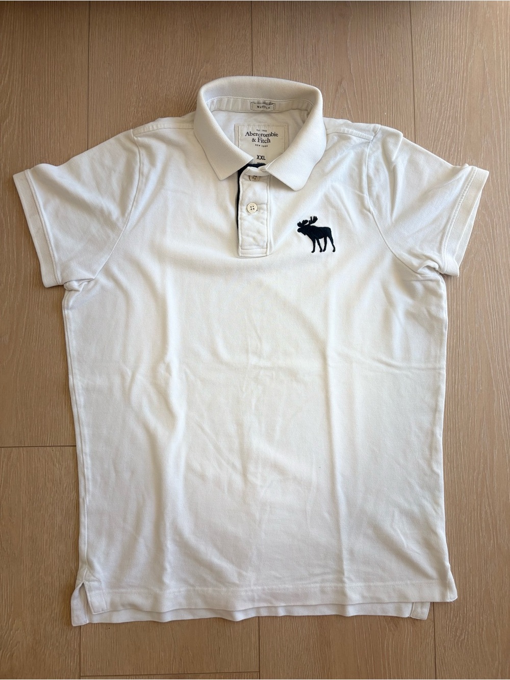 Abercrombie & Fitch White Polo with Navy Moose Logo